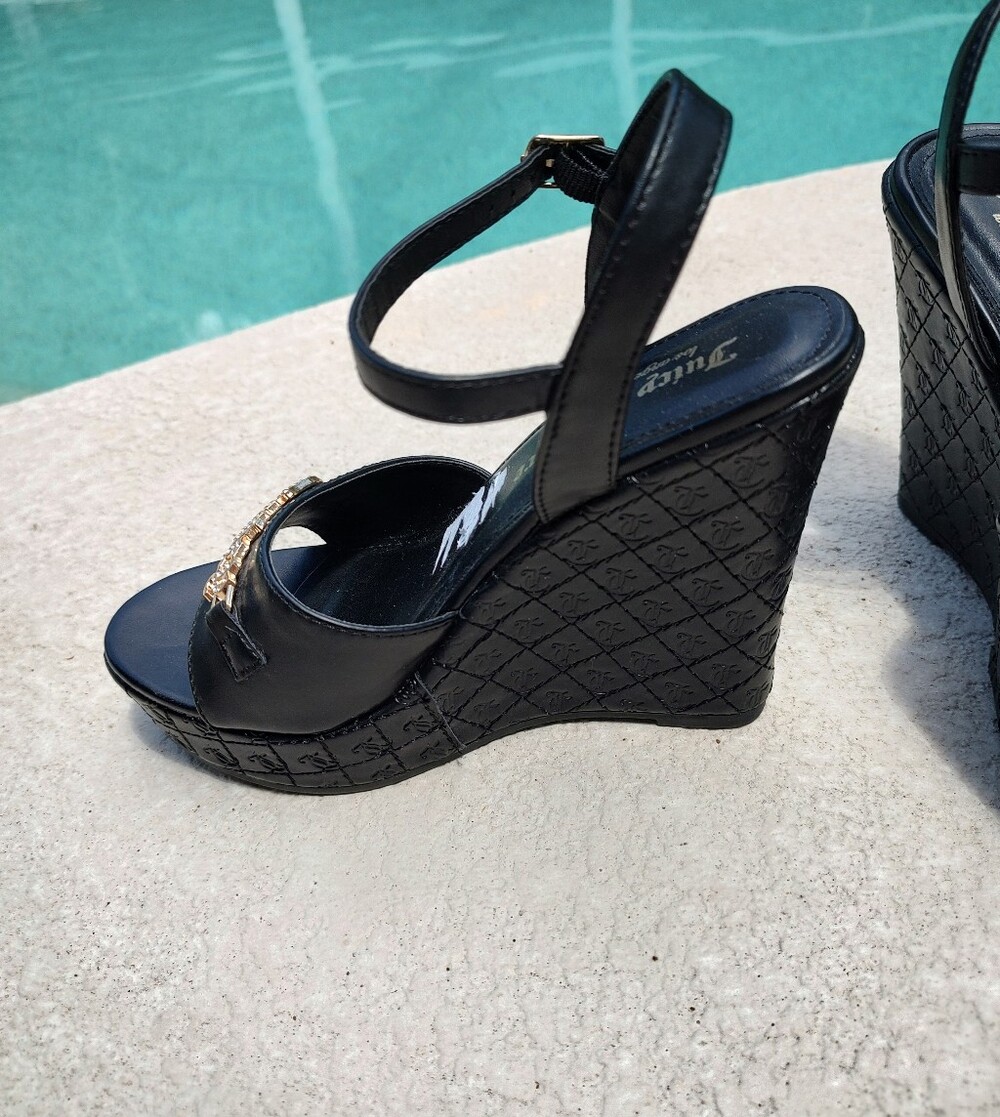 Juicy Couture Black Wedge Sandals with Ankle Strap - Picture 6 of 15